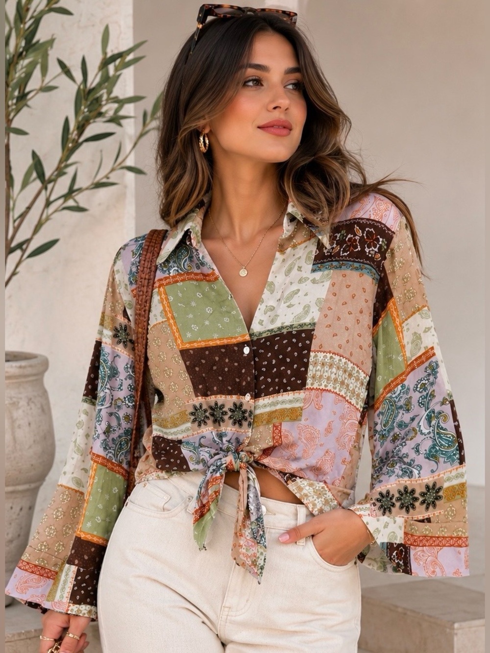 Meritt Women’s Patchwork Paisley Tie Front Blouse Size S Boho Long Sleeve Top